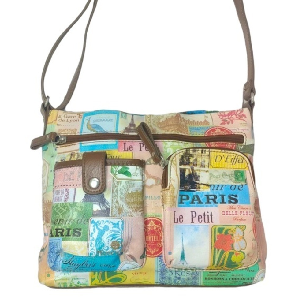 RELIC Fossil pink & blue Paris themed w brown strap faux leather crossbody bag
